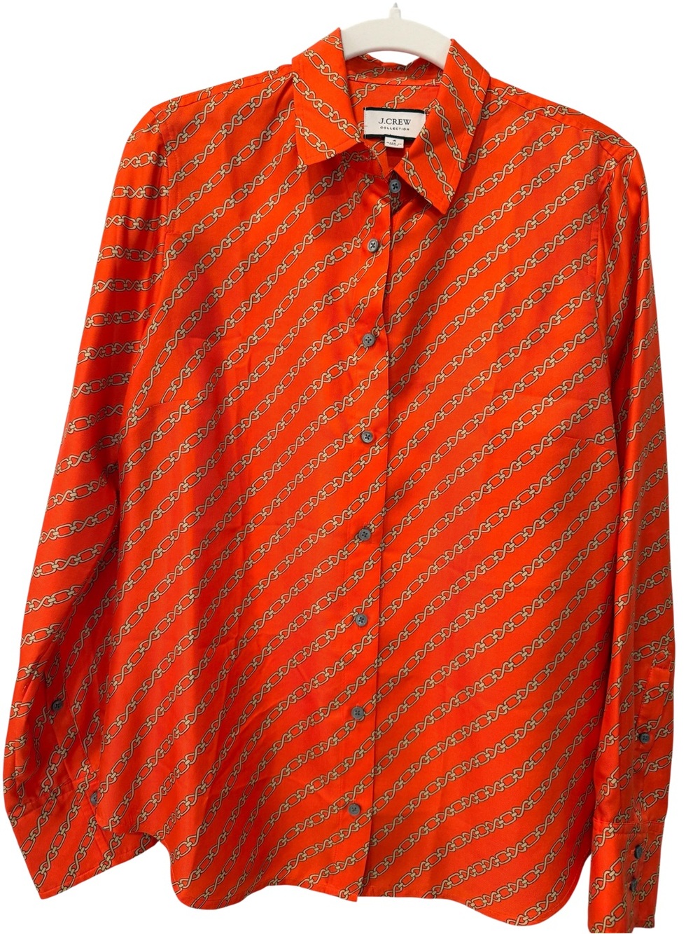 J. Crew Women’s Orange Chain-Print Silk Button-Down Shirt.